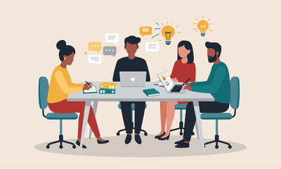 Flat design illustrations of diverse business teams in meetings, brainstorming sessions, and collaborative work, surrounded by lightbulbs and ideas. Perfect for business presentations, articles etc