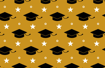 Seamless graduation pattern with caps and stars on golden background