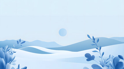 Abstract Blue Landscape with Floral Elements and Rolling Hills