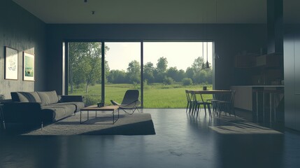 Modern open-plan living area with a view of a rural landscape.
