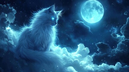 Glowing feline amidst a night sky filled with clouds.