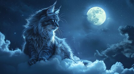 Majestic cat resting on a cloud at night.