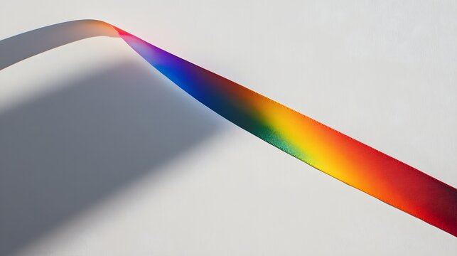 A rainbow colored ribbon reflects sunlight creating vibrant spectrum of color on a white surface background.