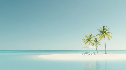 Fototapeta premium Serene tropical beach scene with chaise lounges and palm trees.