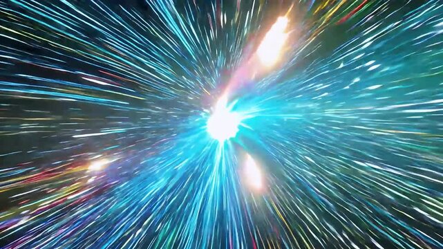 Glowing streaks multicolor light blast outward hyperspace inspired burst delivering energetic futuristic visual loop perfect tech openings music visuals motion driven backgrounds vivid 4K quality