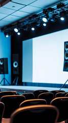 Empty conference hall with stage, screen, and seating under spotlights