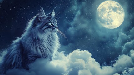A majestic cat sits on a cloud at night under the moonlight.