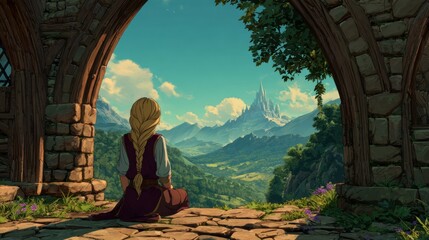 Serene Character Gazing at Majestic Fantasy Landscape Through Stone Arch, Dreamy Mountains and Castle Under Bright Blue Sky, Animated Style