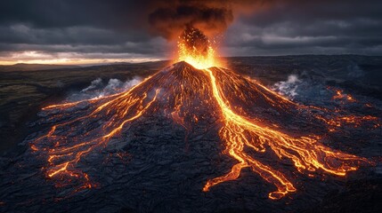 Molten lava flows from a volcano's peak.