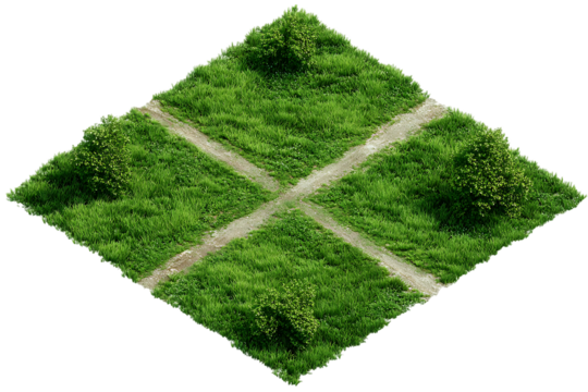 Overhead view of a grassy field with intersecting paths.