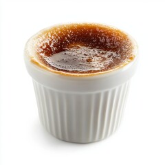 Close-up of a white ceramic ramekin filled with caramel sauce or dessert topping, isolated on a white background for culinary and dessert presentation