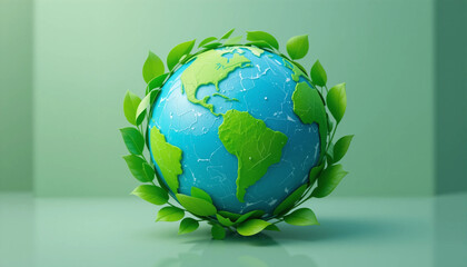 3D earth with green leaves symbolizing eco-friendly concept, sustainability, and environmental protection.