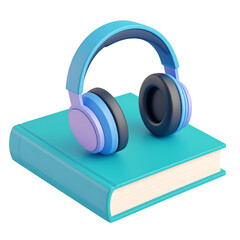 Headphones resting on a closed book colorfully illustrated