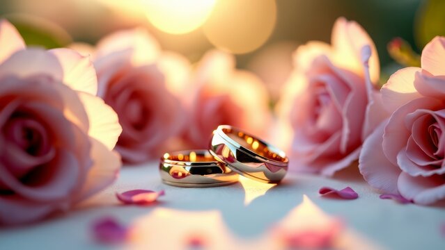 Wedding rings with pink roses embrace romance