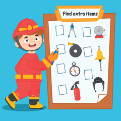 Game for children. Mark extra items that the firefighter will not need. Development of attentiveness and logic in preschool children.