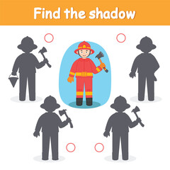 A game for children to develop attentiveness and logic. Find the correct shadow and mark it. Firefighter. Vector printable sheet