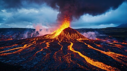 Molten lava flows from a volcanic eruption.