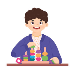 A little boy plays with a sorter or pyramid. Vector illustration in cartoon style, can be used for poster, illustration, logo, emblem