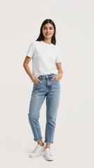 Full length of confident Swiss woman smiling in a casual outfit in a white tshirt and jeans standing with her arm and leg crossed on plain white background