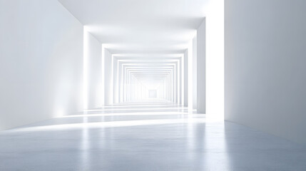 Endless White Corridor with Bright Light at the End