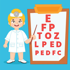Cute girl doctor ophthalmologist.  Vision test. Poster. Vector illustration
