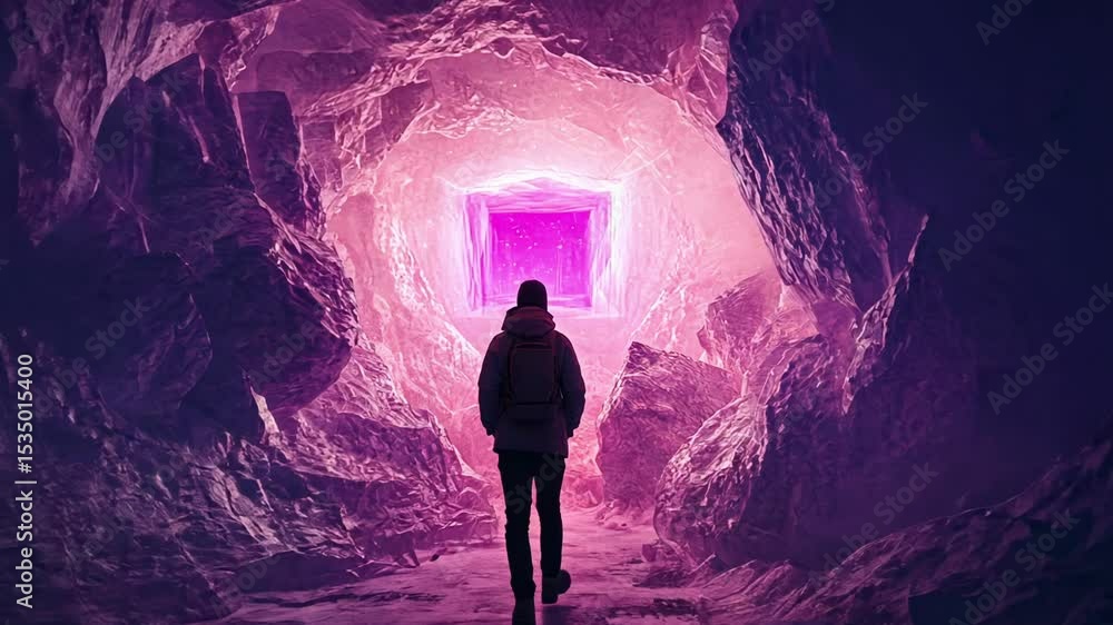 Poster discovering a mesmerizing cave with luminous portal and vibrant colors in an enchanting landscape at