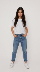 Full length of confident Malaysian teenage girl smiling in a casual outfit in a white tshirt and jeans standing with her arm and leg crossed on plain white background