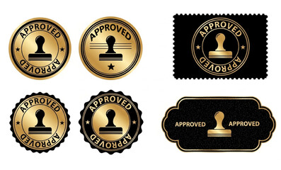 Approved Stamp Collection in Gold and Black | Elegant Business Validation Badges for Official Documents, Website Graphics, and Product Endorsements