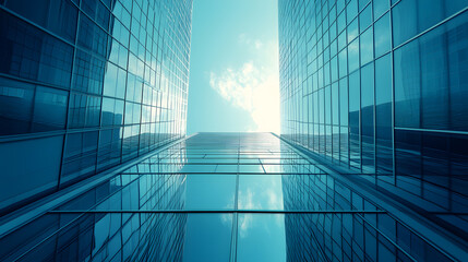 Modern glass skyscrapers reflecting the sky, creating a symmetrical urban scene