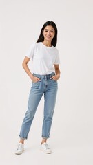 Full length of confident Singaporean woman smiling in a casual outfit in a white tshirt and jeans standing with her arm and leg crossed on plain white background