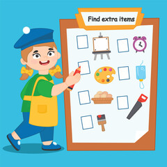 Game for children. Additional items. Profession studied: artist. Vector illustration. A game for developing attentiveness and logic in preschool children.