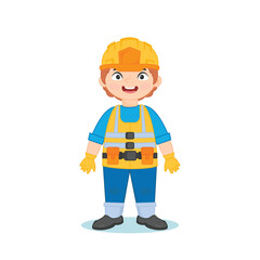 Cute boy in a builder's uniform. Vector illustration in cartoon style can be used for cards, stickers, games, decals