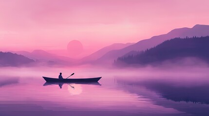 A person rows a small boat on a calm lake at sunrise.