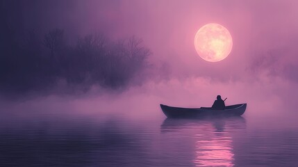 A lone boat glides on a misty lake under a large pink moon.