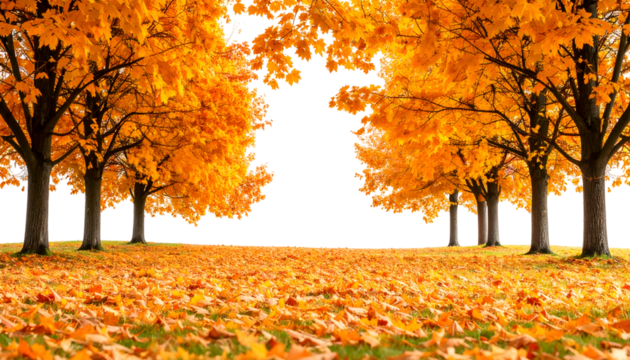 Autumn Trees with Yellow Leaves by a Meadow