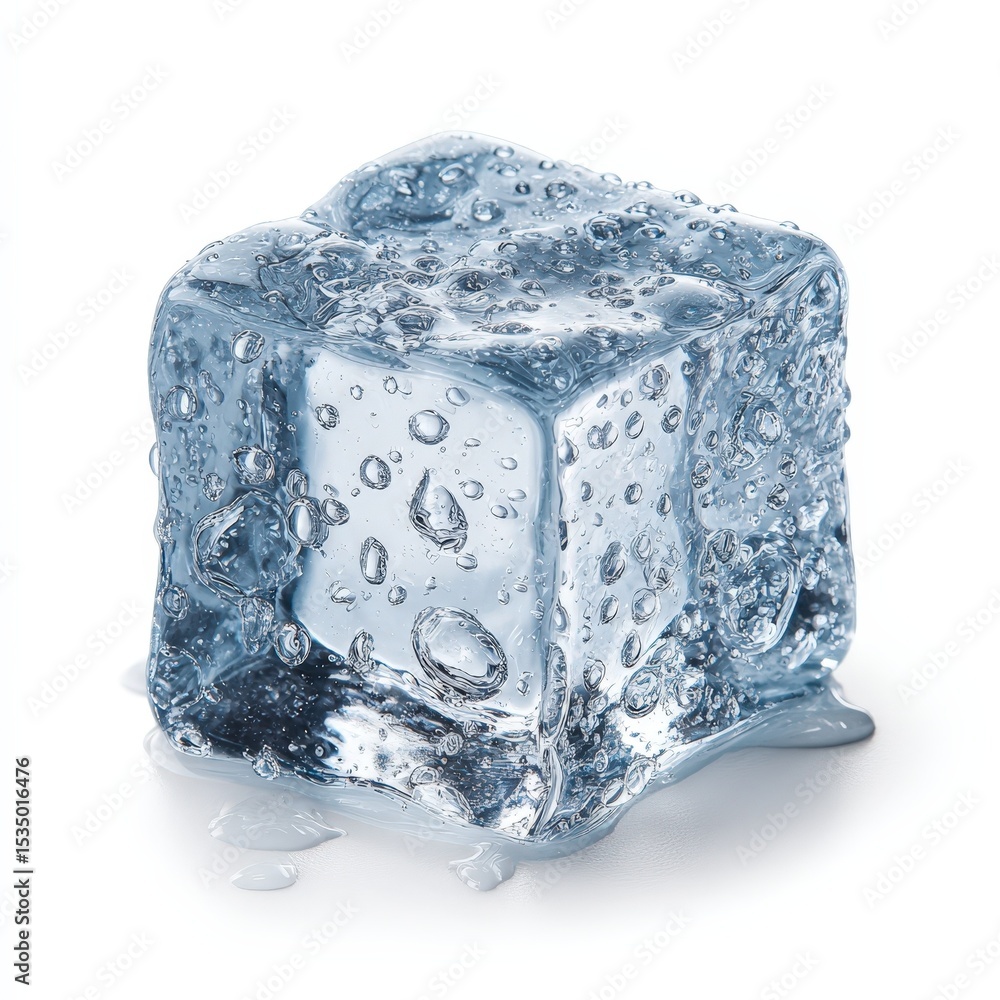 Poster single ice cube with water droplets isolated on white background refreshing clean ice texture