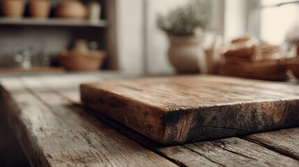 Rustic Wooden Cutting Board on Weathered Tabletop in a Cozy Kitchen Setting