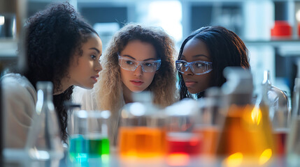 Three scientists examining colorful chemical solutions in a laboratory setting