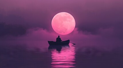 A solitary boat on a tranquil lake under a large pink moon.