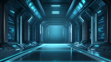 Futuristic Corridor with Blue Lighting and High-Tech Panels
