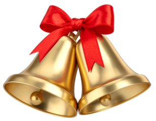 Golden bells with red ribbon decoration for festive occasions