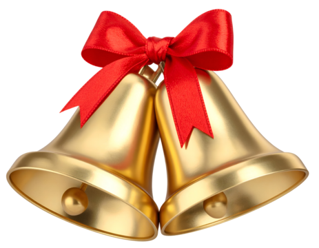 Golden bells with red ribbon decoration for festive occasions