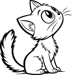 Adorable cartoon kitten looking upward black and white illustration