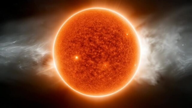 Animation of the Sun surface featuring bright flares, coronal mass ejections, and a visualized magnetic storm. Dynamic scientific depiction of solar activity in outer space.