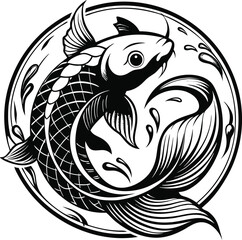 Elegant black and white koi fish design in oval frame