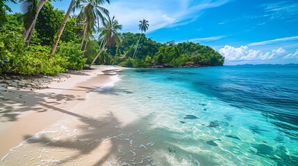 A secluded tropical beach with coconut trees, colorful coral reefs, and crystal-clear water