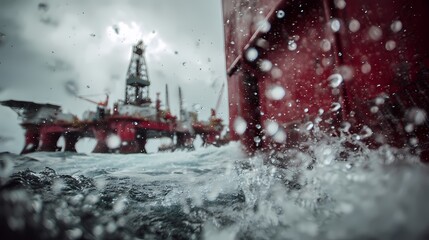 Vibrant Water Splash Near Offshore Oil Rig in Stormy Weather