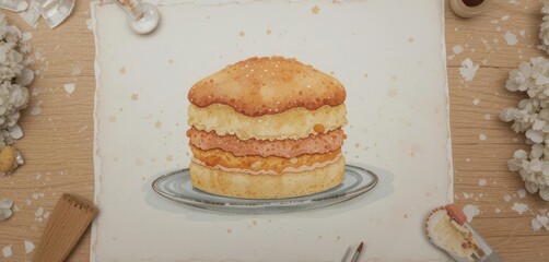  Watercolor style hand drawn cake illustration, for children book with a food theme, perfect to layer for a dessert.