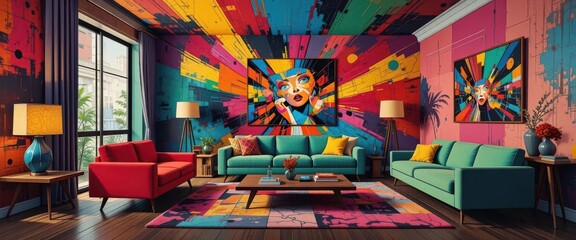  A Colorful Living Room Pop Art Interior Illustration with a Focus on Texture and Pattern, Featuring a Dynamic and Energetic