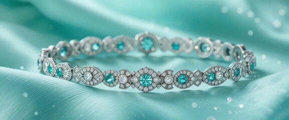  Coastal Deco Diamond and Turquoise Art Deco Bracelet Illuminated on a Seafoam Green Silk Fabric